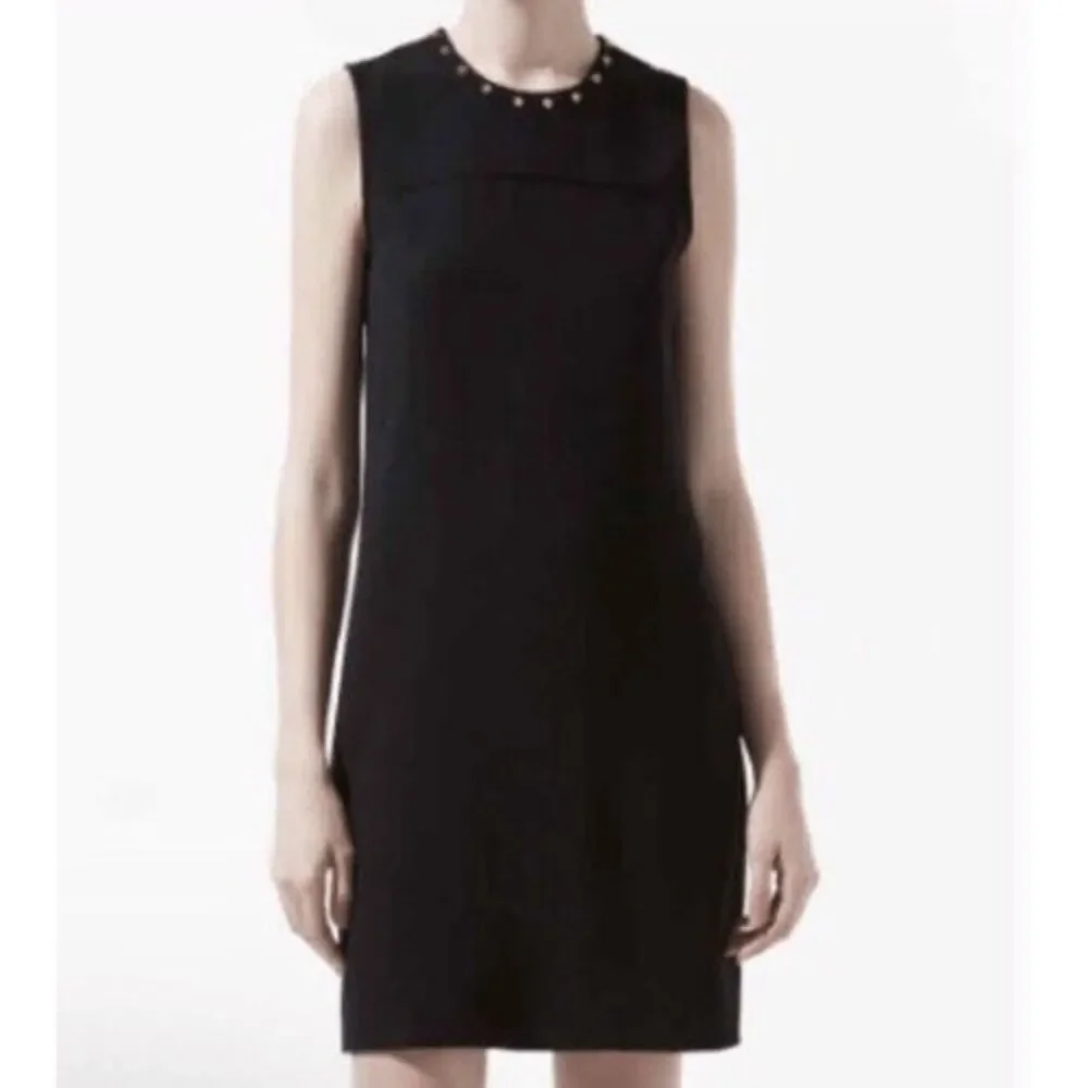 NWT Zara Black CrepeStudded Decor Button Collar&Back Mini Dress Women M Portugal